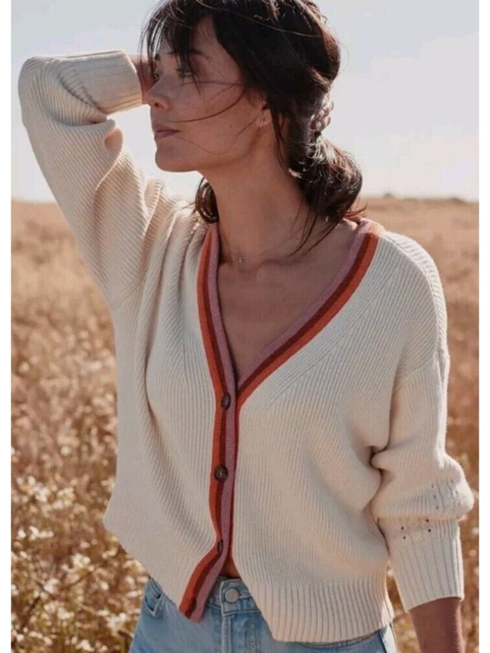 Marine Layer Robin Cropped Cardigan M Ivory with Tipping Cotton Wool Knit